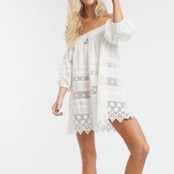 Free Peope Dresses & Skirts - NWOT Free People Off Shoulder Lace Trim Boho Tunic White Size S/P